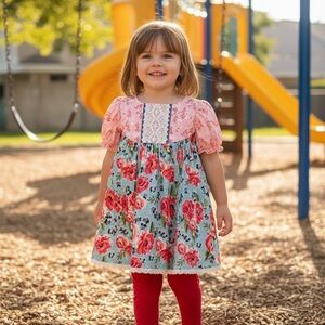 Ricrac and Ruffles Floral Pink and Blue Kids Tunic -Size 6